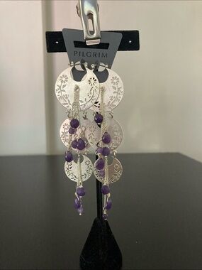 Pilgrim Silver-Tone Dangle Earrings with Purple Beads and Filigree Discs